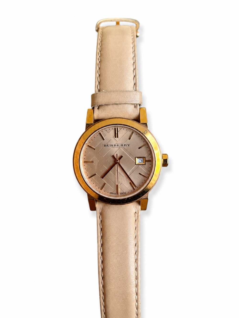 Burberry BU9109 Swiss Made Gold Tone Watch Cream Leather Strap